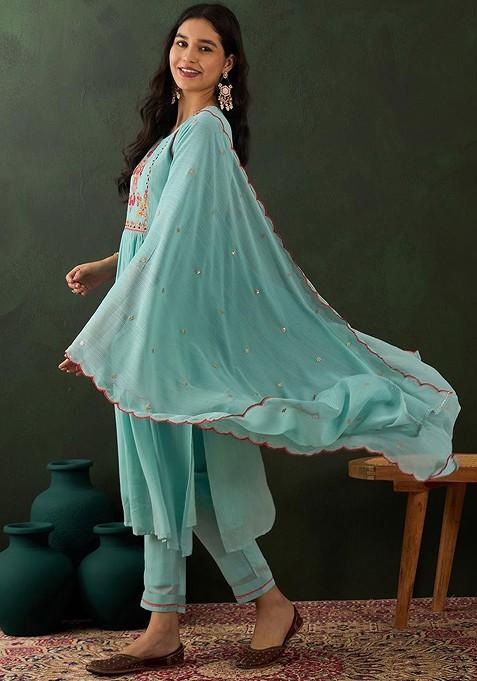 Blue Floral Embroidered Zari Sequin Anarkali Kurta With Trousers And Dupatta