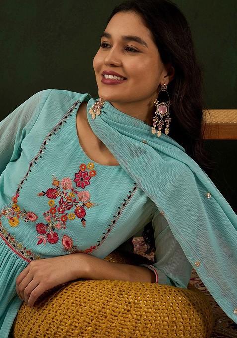 Women Sea Green Embroidered Anarkali Kurta Trousers With Dupatta Set