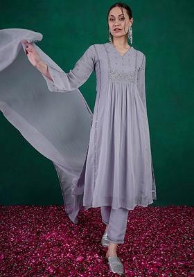 Purple Floral Embroidered A Line Kurta With Trouser And Dupatta