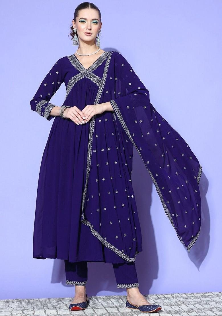 Blue Yoke Design Georgette A Line Kurta With Trousers And Dupatta