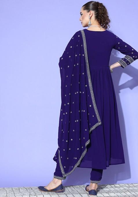 Blue Yoke Design Georgette A Line Kurta With Trousers And Dupatta