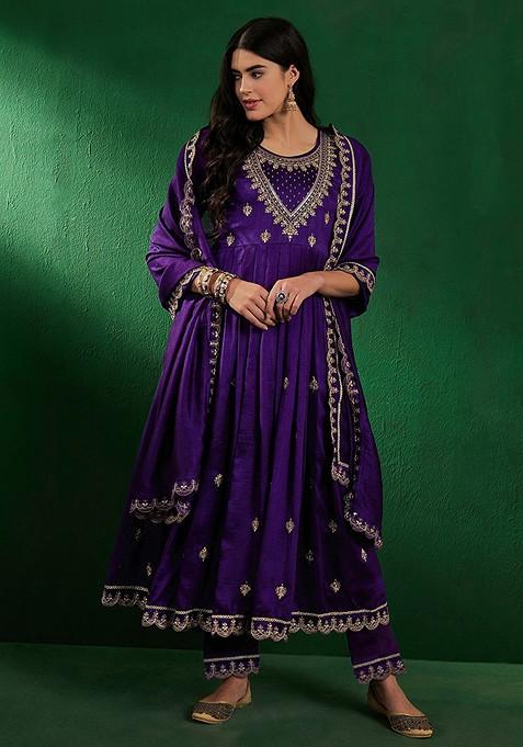 Purple Embroidered Zardosi Zari Sequin Velvet A Line Kurta Set