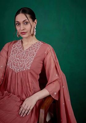Peach Floral Embroidered Regular Sequin Kurta With Trousers And Dupatta