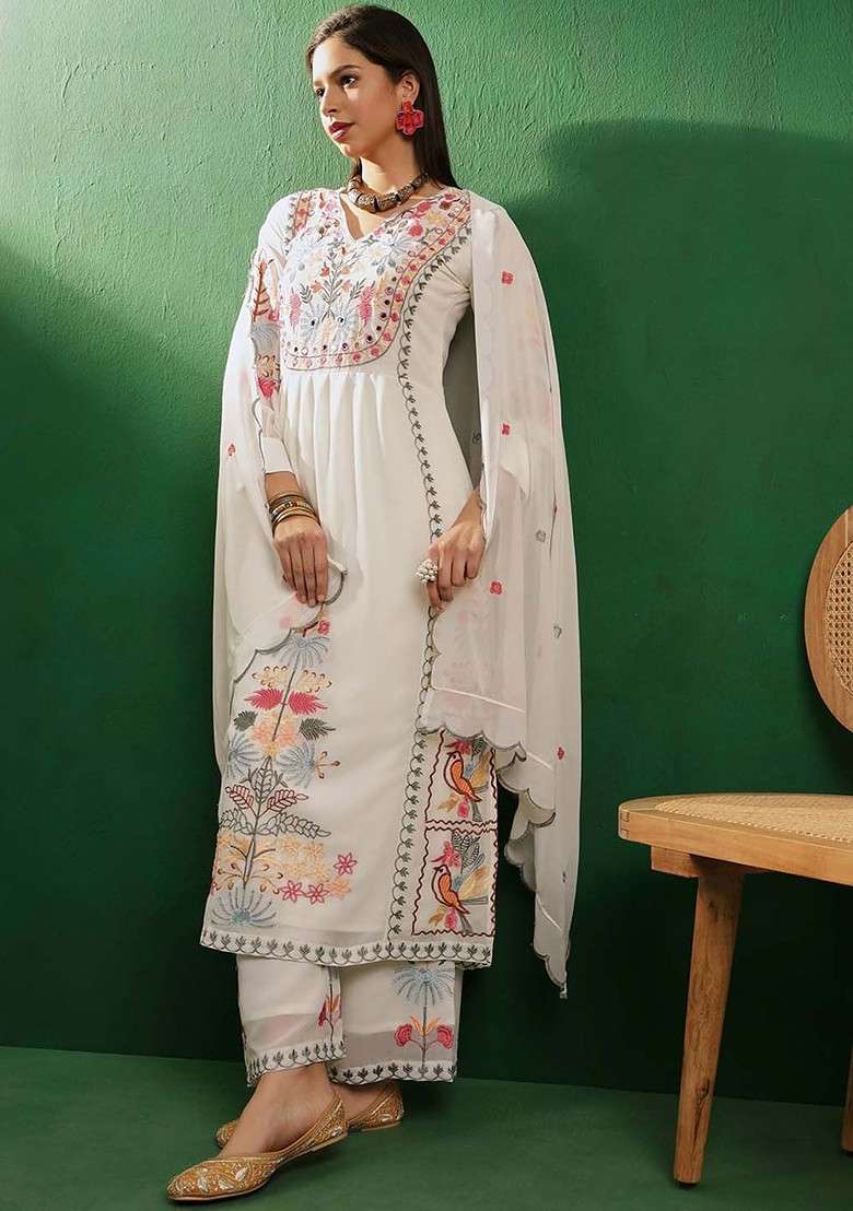 White Thread Work Embroidered Kurta Set - Indya