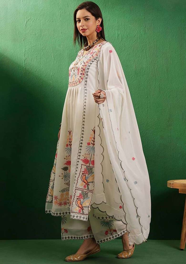 White Thread Work Embroidered Kurta Set - Indya