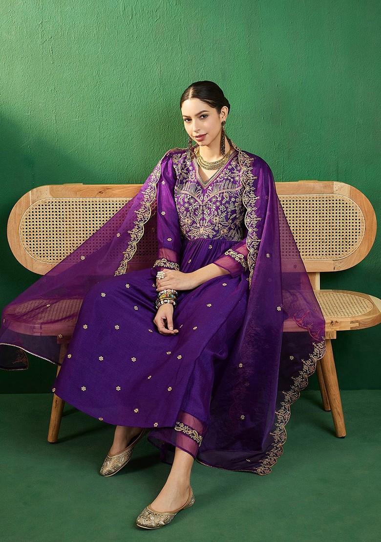Purple Ethnic Motifs Embroidered A Line Kurta With Palazzo And Dupatta