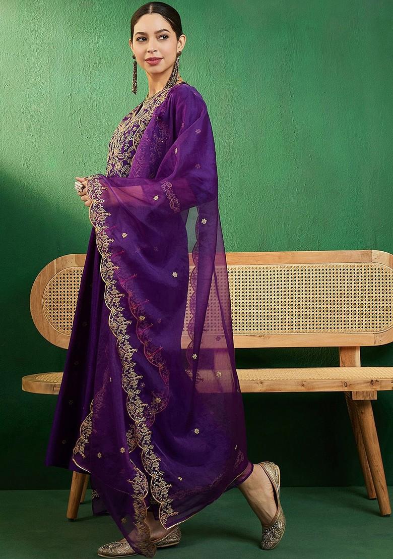 Purple Ethnic Motifs Embroidered A Line Kurta With Palazzo And Dupatta