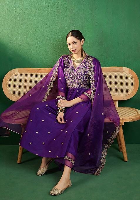 Purple Ethnic Motifs Embroidered A Line Kurta With Palazzo And Dupatta