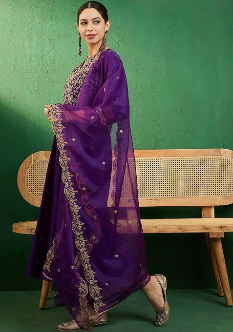 Purple Ethnic Motifs Embroidered A Line Kurta With Palazzo And Dupatta