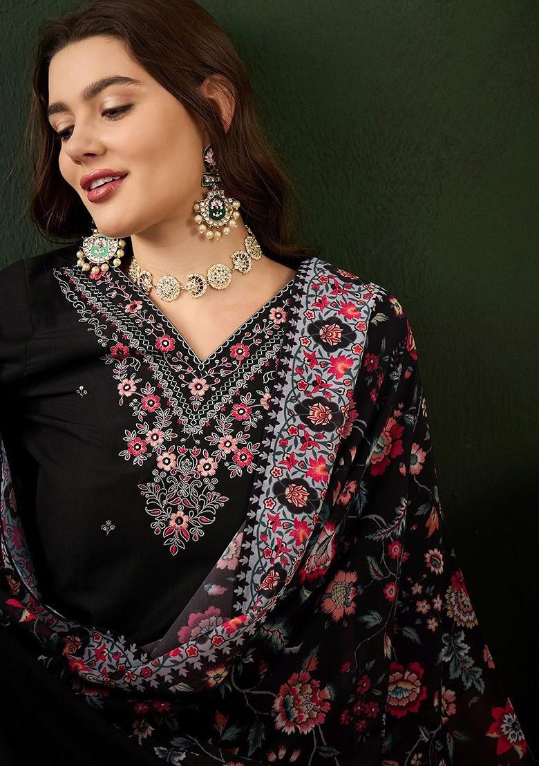 Black Floral Sequin Embroidered Kurta With Trousers And Dupatta
