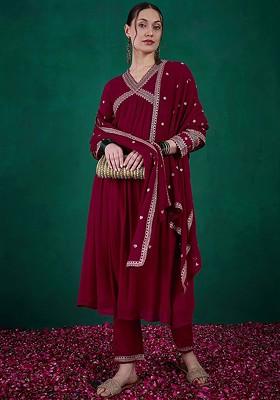 Maroon Floral Sequin Embroidered A Line Kurta With Trouser And Dupatta