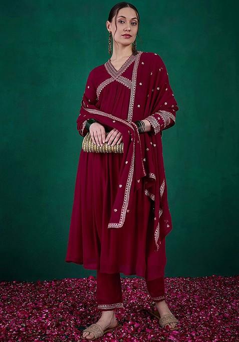Maroon Floral Sequin Embroidered A Line Kurta With Trouser And Dupatta