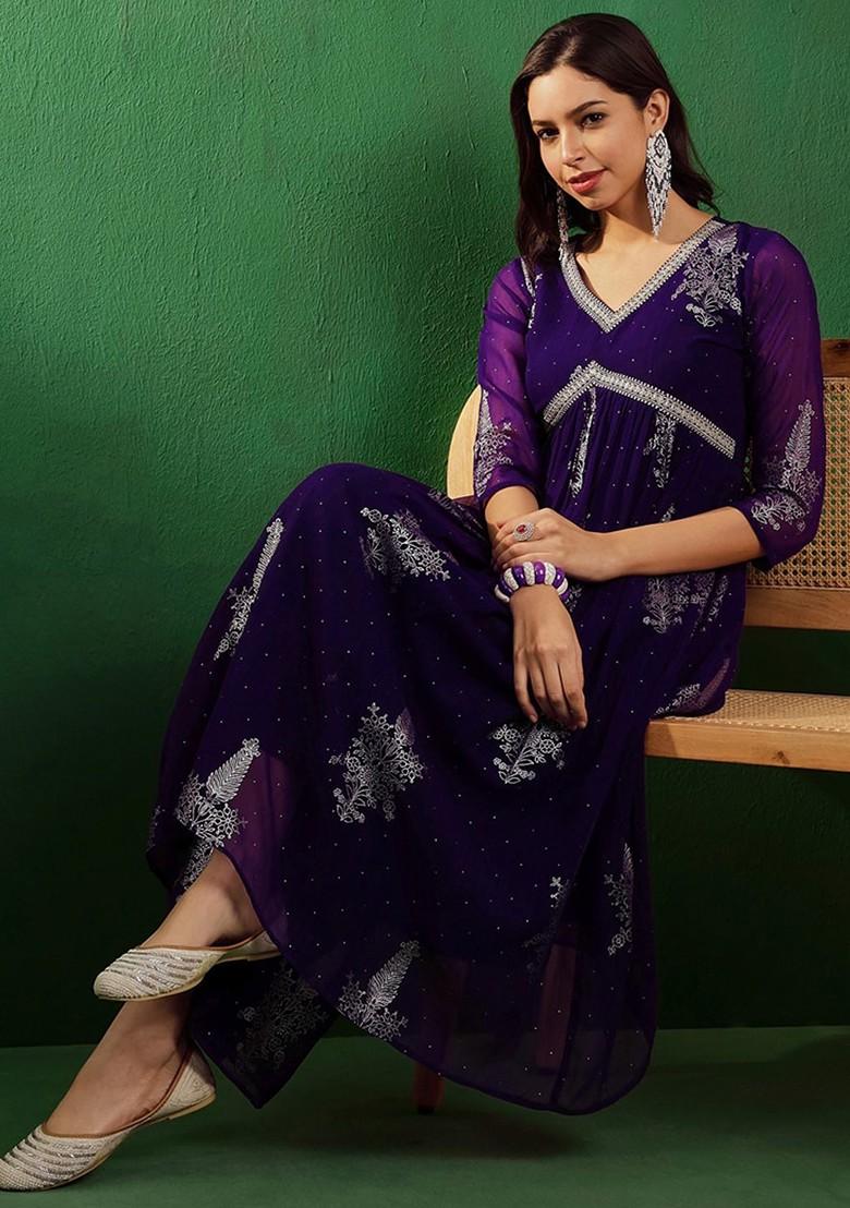 Purple Three Quarter Regular Sleeves Alia Cut Printed Kurta Set