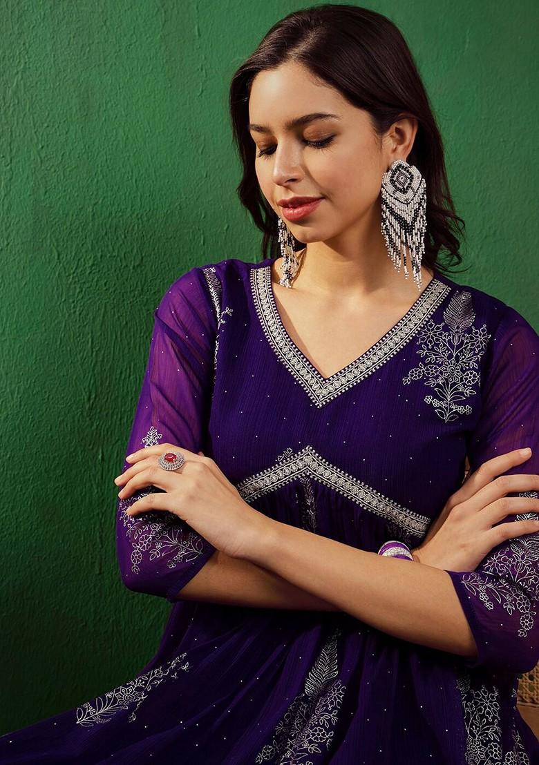 Purple Three Quarter Regular Sleeves Alia Cut Printed Kurta Set