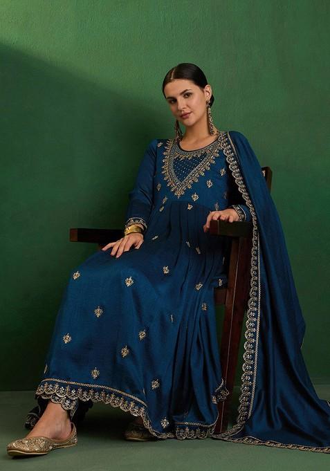 Green Zari Sequin Embroidered Anarkali Kurta With Trousers And Dupatta