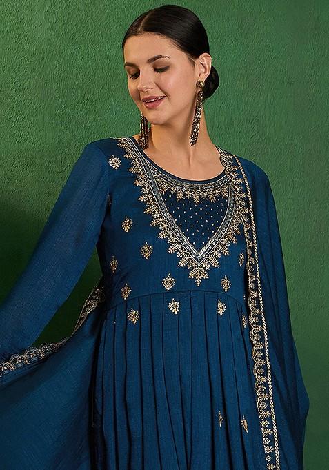 Green Zari Sequin Embroidered Anarkali Kurta With Trousers And Dupatta