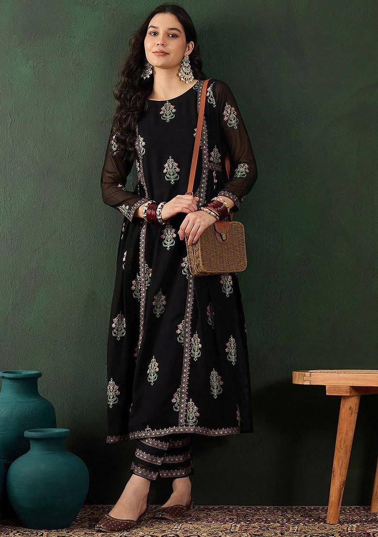 Black Floral Print A Line Kurta With Trouser