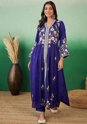 Blue Embroidered A Line Kurta With Trouser Set
