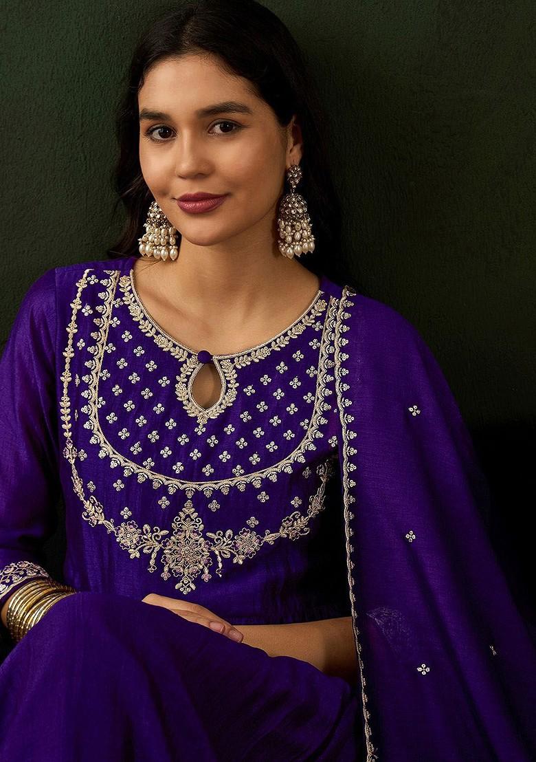 Purple Ethnic Motifs Embroidered A Line Kurta With Trouser And Dupatta