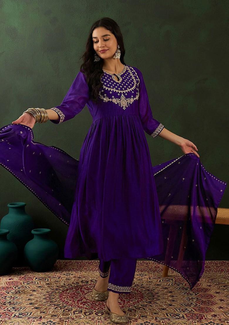 Purple Ethnic Motifs Embroidered A Line Kurta With Trouser And Dupatta