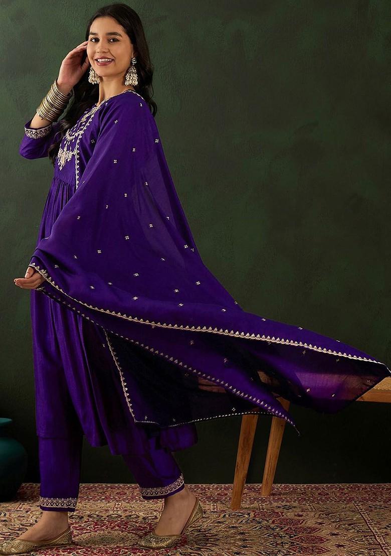 Purple Ethnic Motifs Embroidered A Line Kurta With Trouser And Dupatta