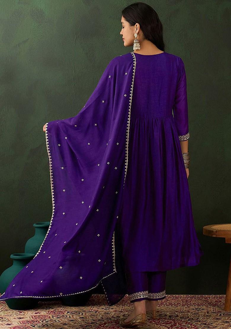 Purple Ethnic Motifs Embroidered A Line Kurta With Trouser And Dupatta