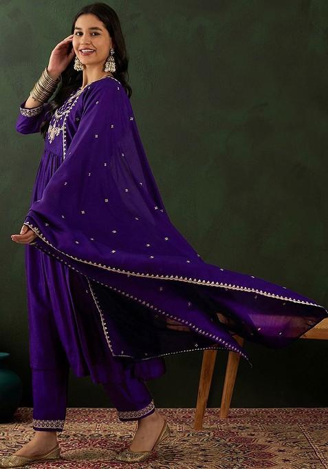 Purple Ethnic Motifs Embroidered A Line Kurta With Trouser And Dupatta