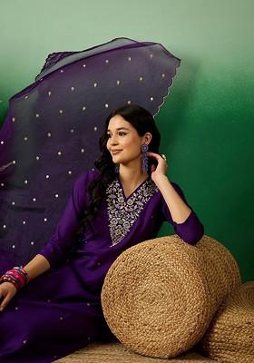 Purple Floral Embroidered Sequin Straight Kurta With Trouser And Dupatta