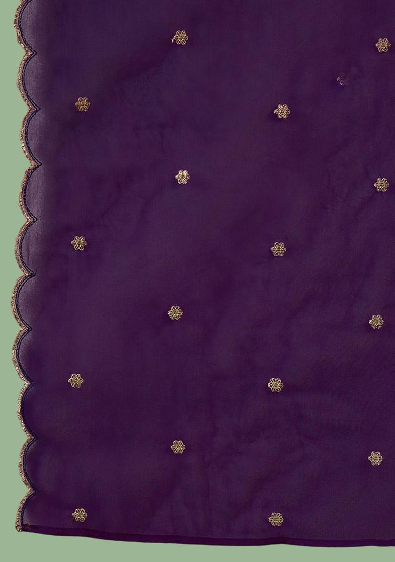 Purple Floral Embroidered Sequin Straight Kurta With Trouser And Dupatta