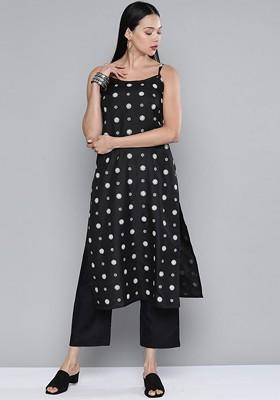 Black Floral Print Shoulder Straps Kurta With Palazzos