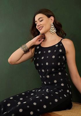 Black Floral Print Kurta With Trousers