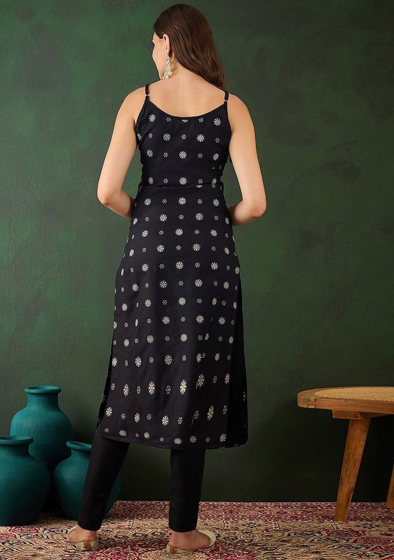 Black Floral Print Kurta With Trousers