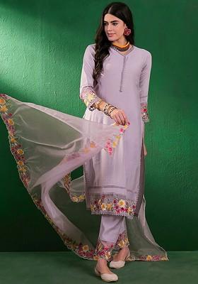 Purple Floral Embroidered Schiffli Lace Detail Kurta With Palazzo And Dupatta