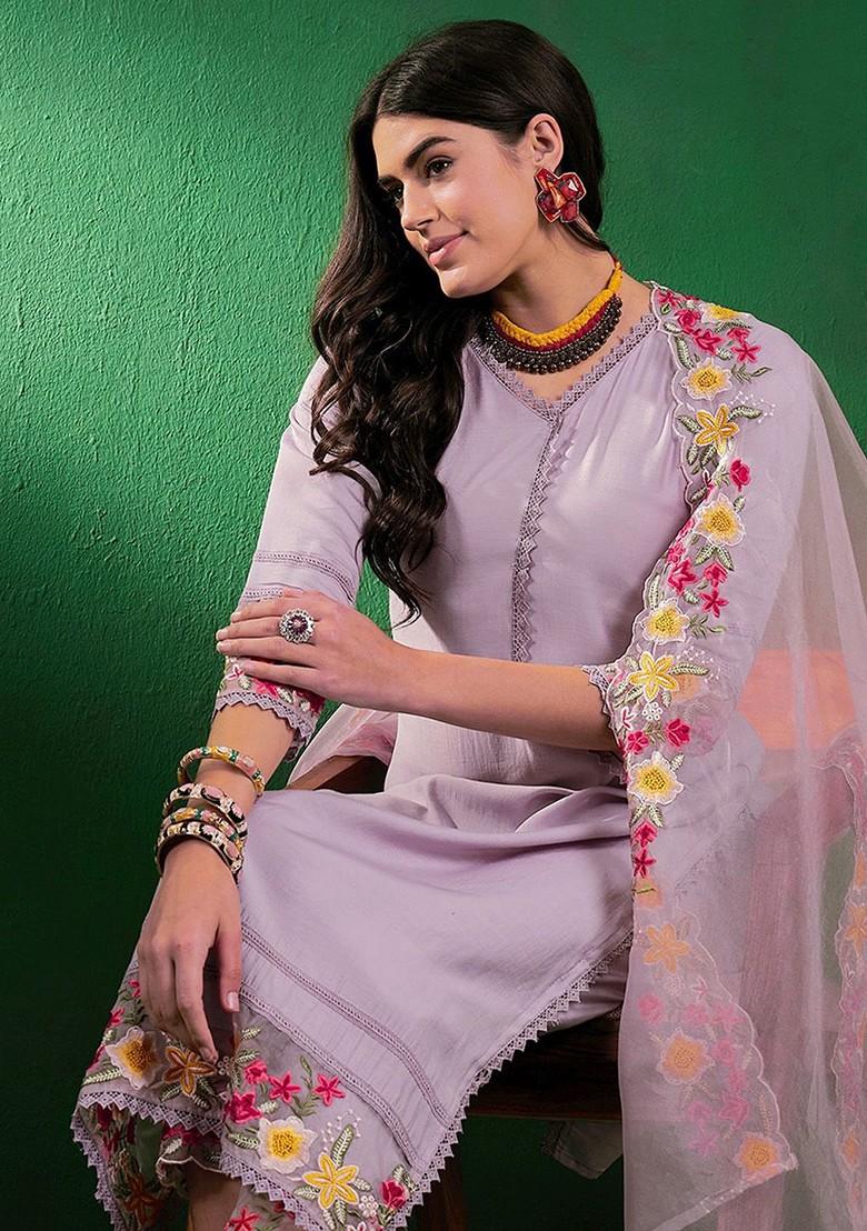 Purple Floral Embroidered Schiffli Lace Detail Kurta With Palazzo And Dupatta