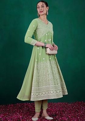Green Floral Embroidered Regular Sequin Kurta With Trousers