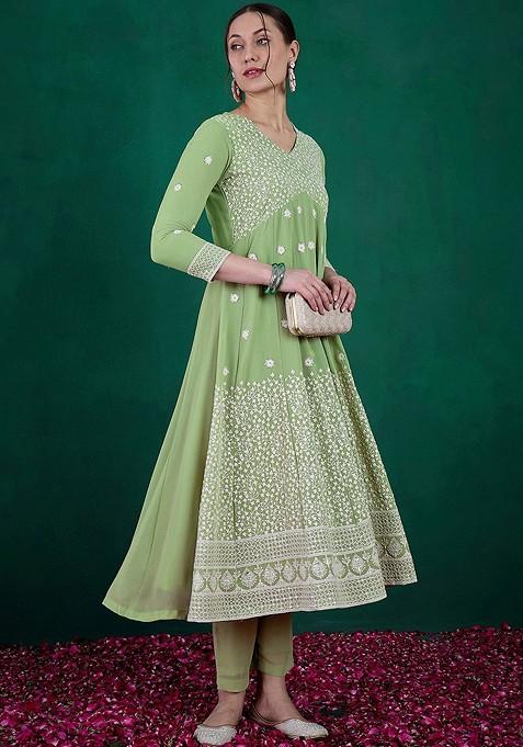 Green Floral Embroidered Regular Sequin Kurta With Trousers