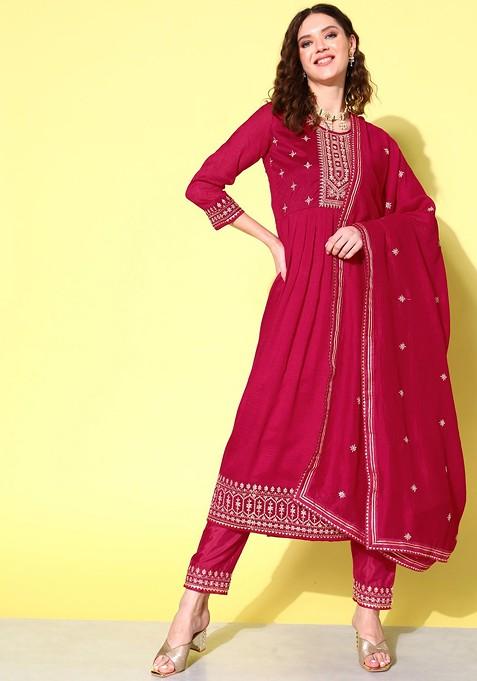 Pink Embroidered Blended Anarkali Set