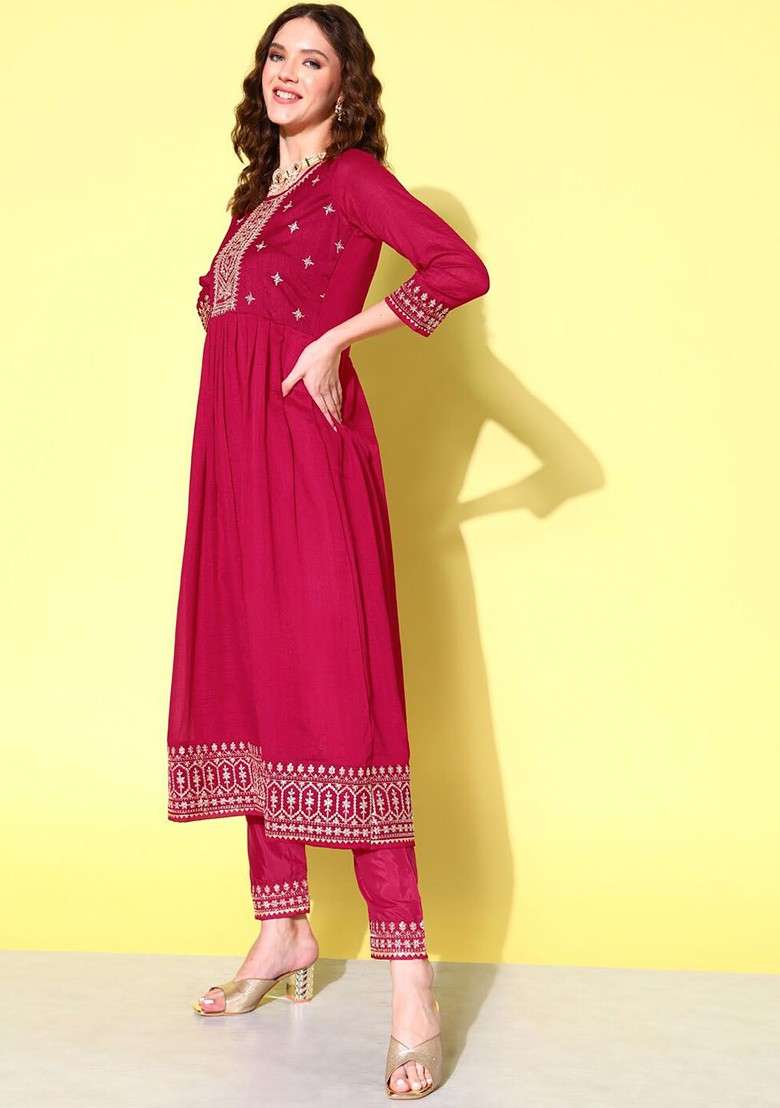 Pink Embroidered Blended Anarkali Set - Indya