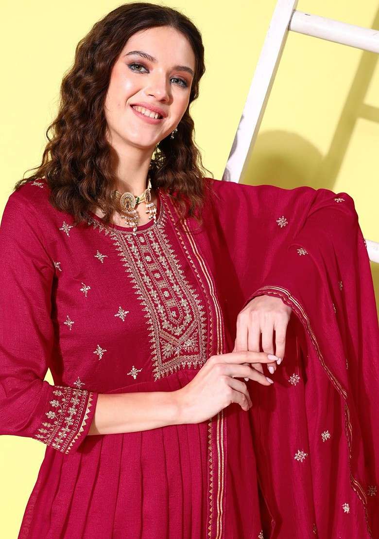 Pink Embroidered Blended Anarkali Set - Indya