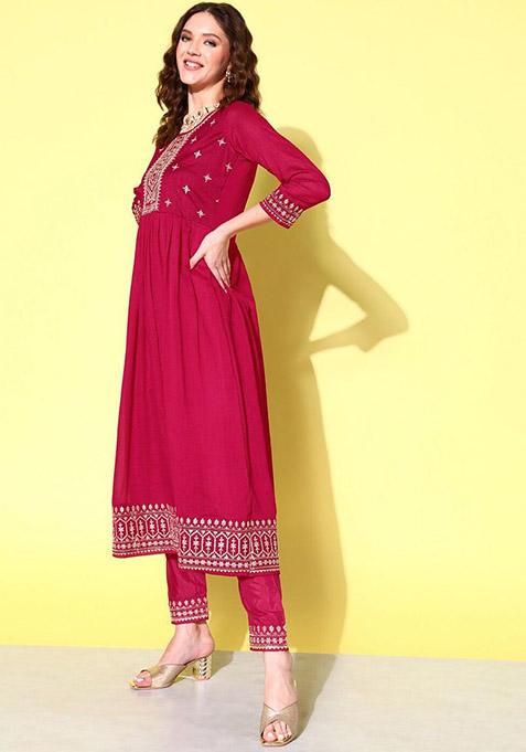 Pink Floral Yoke Design Anarkali Kurta And Trouser With Dupatta