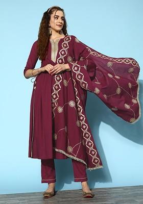 Burgundy Ethnic Motifs Gota Patti Kurta With Trousers And Dupatta