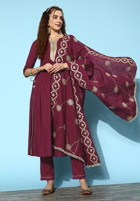 Burgundy Ethnic Motifs Gota Patti Kurta With Trousers And Dupatta