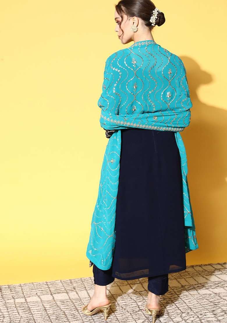 Blue Embroidered Blended Straight Kurta Set - Indya
