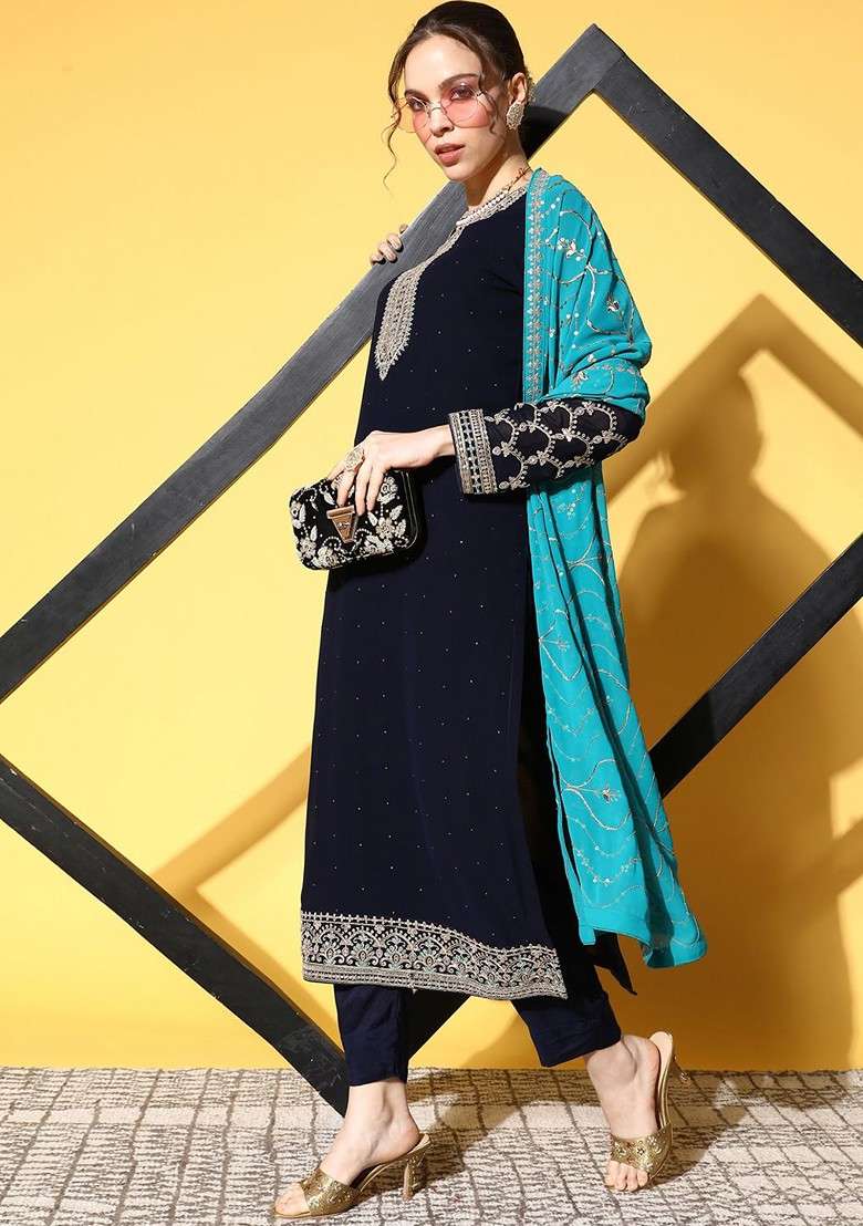 Blue Embroidered Blended Straight Kurta Set - Indya