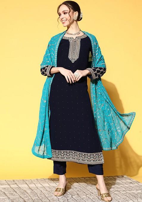 Blue Floral Embroidered Notch Neck Sequin Straight Kurta With Trousers And Dupatta