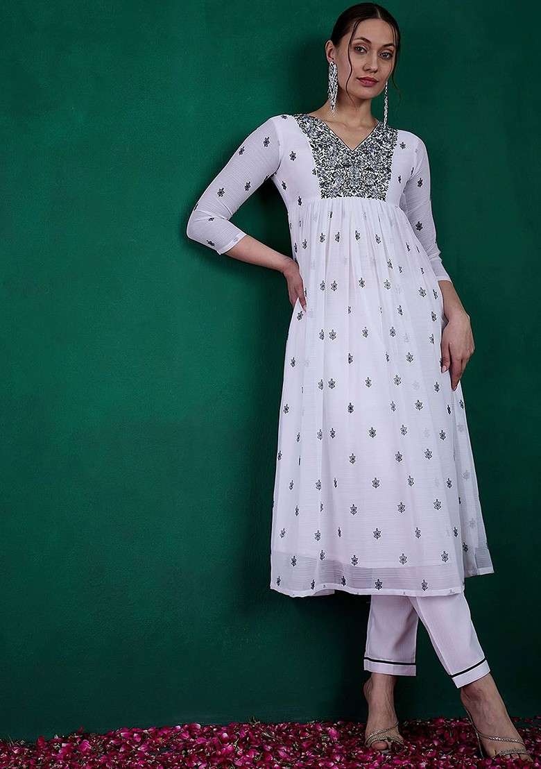 White Embroidered Blended A Line Kurta Set - Indya