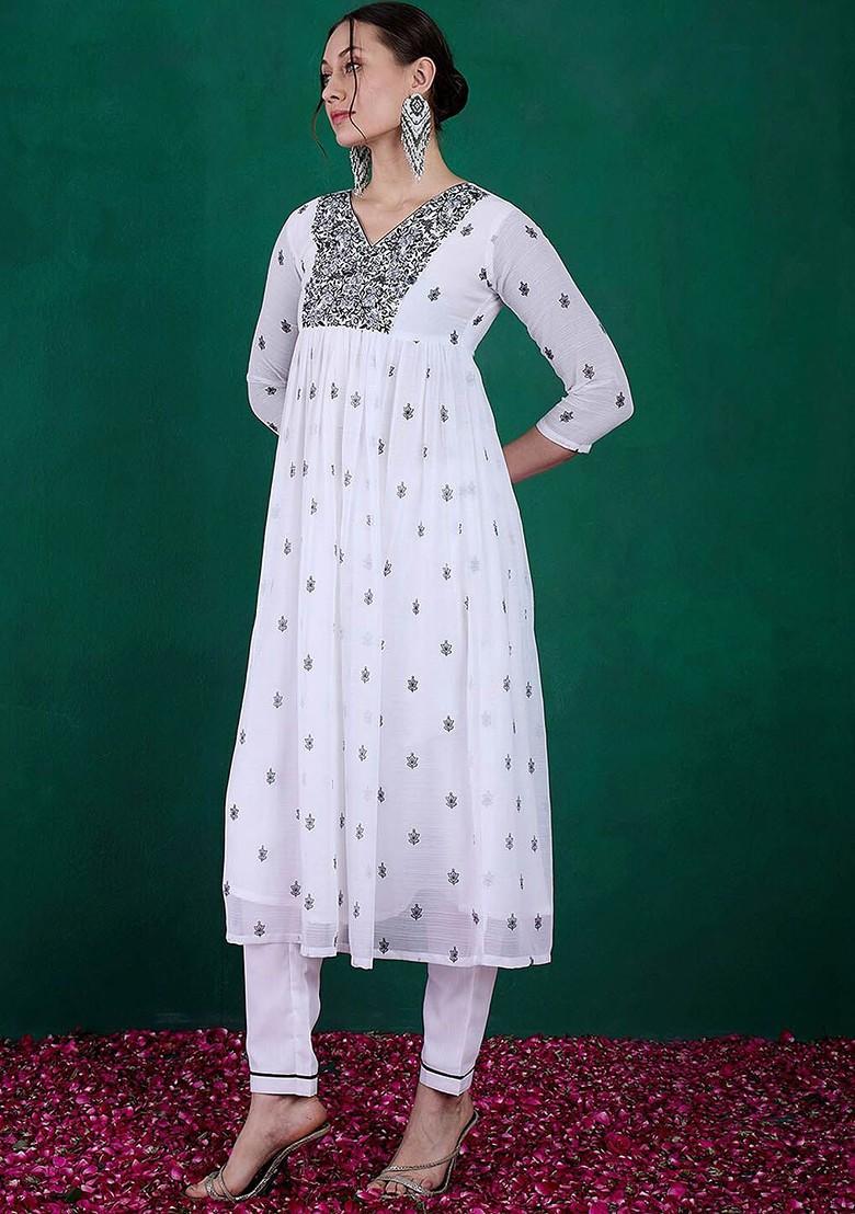 White Floral Print Sequin Embroidered Anarkali Kurta With Trousers