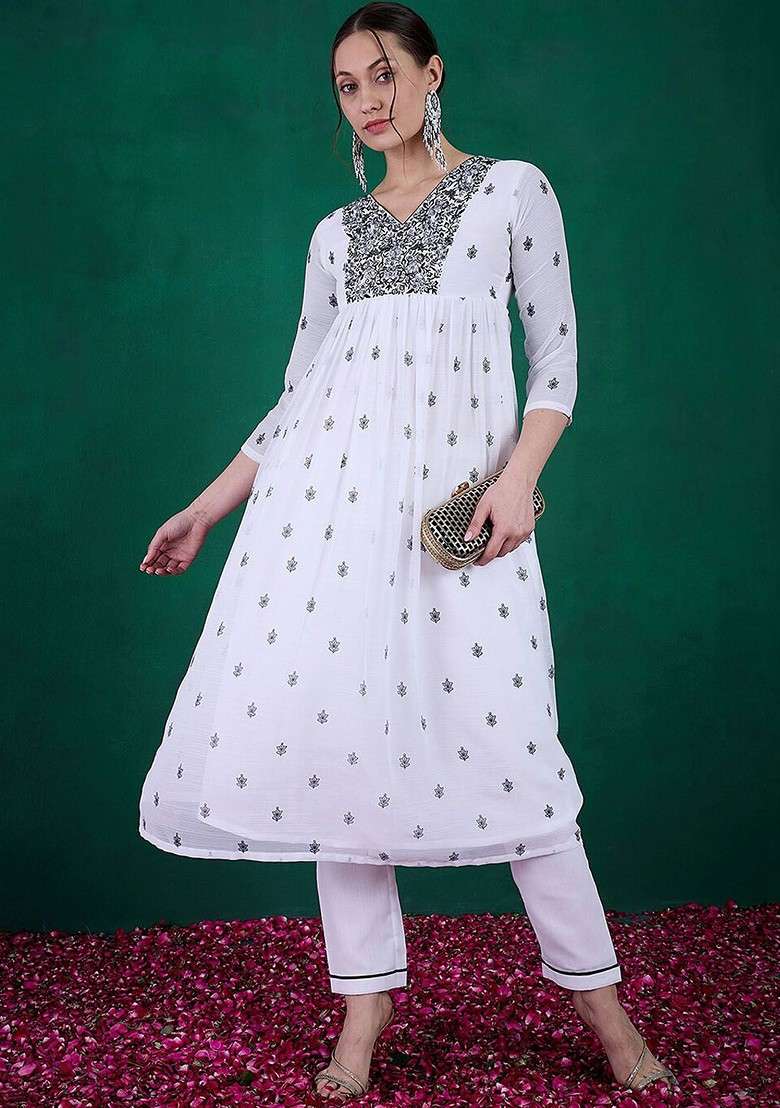 White Embroidered Blended A Line Kurta Set - Indya