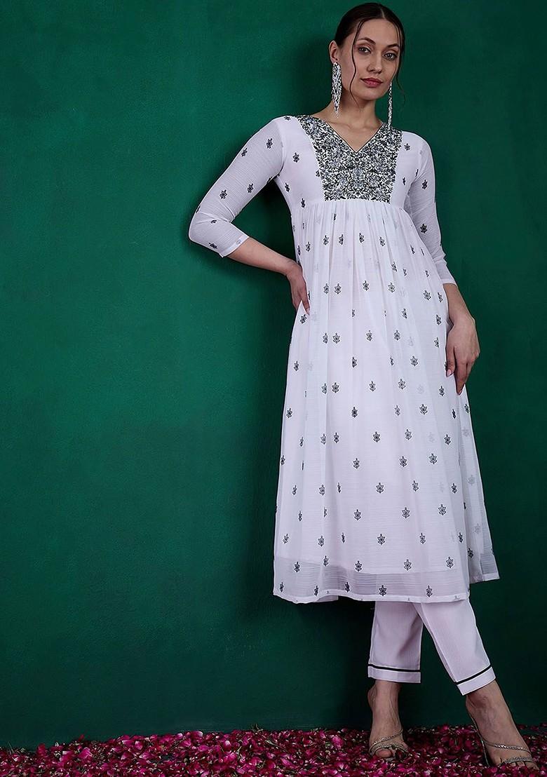 White Floral Print Sequin Embroidered Anarkali Kurta With Trousers