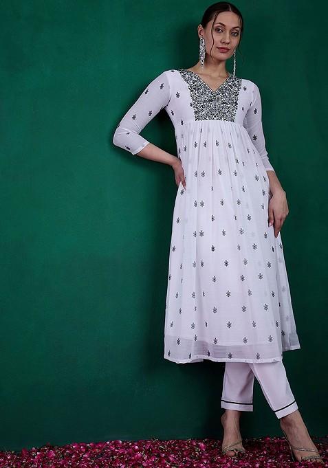 White Floral Print Sequin Embroidered Anarkali Kurta With Trousers